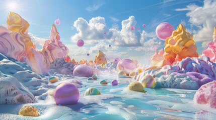 A surreal summer landscape with melting ice cream mountains, floating beach balls, and abstract sun rays.