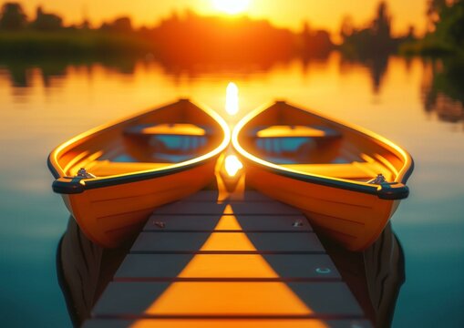 Golden Hour Canoeing: Sunset Reflected in Calm Lake at Dock with Two Canoes - Powered by Adobe