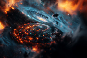 Fototapeta premium Fiery orange nebula and galaxies in dark space. Lots of stars and cosmic dust. Artistic illustration. Horizontal. Background. Texture
