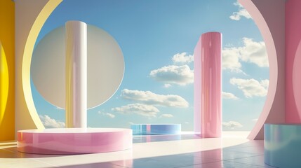 3D cylinder podiums in pink, yellow, blue, and white with a blue sky in a rounded mirror glass. Minimalistic wall scene for product showcases, promotions, and display. Abstract geometric shapes.