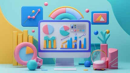 3D illustration for online marketing concept. Icons like charts, graphs, and computer display for market research and business promotions. A vector illustration for modern web designs.