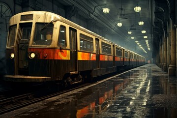 Fototapeta premium Old train stops at a dimly lit station, reflecting on the wet platform