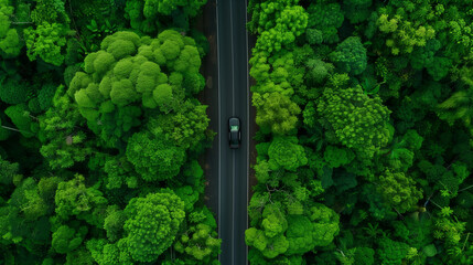 Aerial View of Car on Winding Road Through Lush Green Forest


