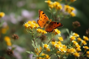 Obraz premium Vibrant orange butterfly perched on blooming yellow wildflowers in a natural setting