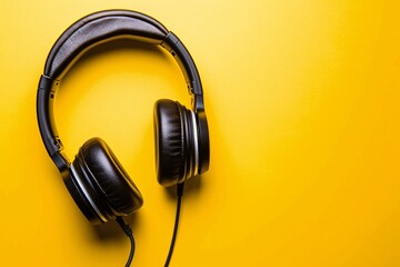 Sleek wireless headphones in matte black on a vibrant yellow backdrop with ample space for text.