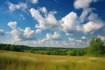 Obraz premium Expansive Summer landscape hills clouds. Nature field. Generate Ai
