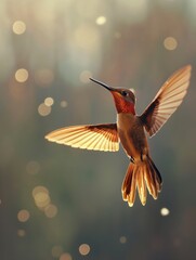 Fototapeta premium Hummingbird in mid-flight with blurred background and bokeh lights