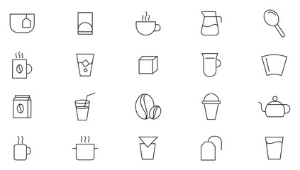 Coffee and tea line icons set. Coffee shop, beans, hot coffee, espresso cup, cappuccino, maker machine outline icon collection. UI thin outline icons pack.
