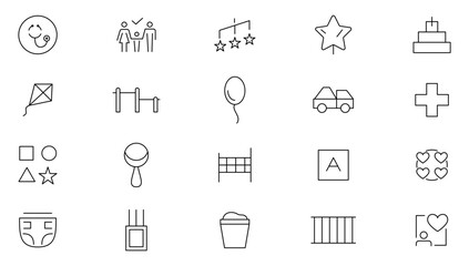 Child care line icon set. Care, support, safety, baby, awareness, parenthood, international children day, kid rights, parenthood outline icon collection. UI thin outline icons pack.