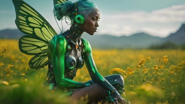 A Black robot girl with vibrant green hair kneels in a field of wildflowers