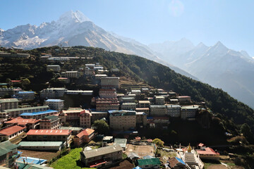 View over Namche Bazar, Bazaar, mountains are rising in the background, Mount Kanguru, Kangguru on...