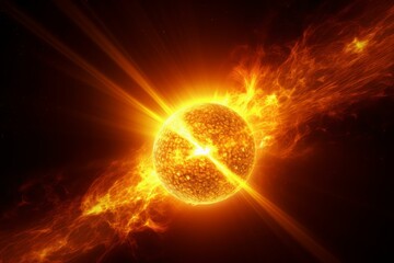 Fototapeta premium Incredible and vibrant fiery solar flare explosion in the sun's corona, a powerful burst of electromagnetic energy in space, captured in a stunning digital art illustration background