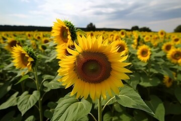 Fototapeta premium Single sunflower stands out in a vast field against a dramatic cloudy backdrop