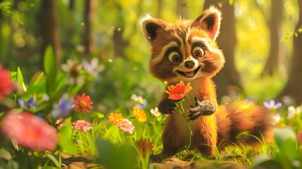Fototapeta premium A cartoonish red fox is holding a flower in its mouth