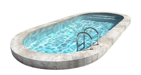Oval swimming pool with concrete deck and metal ladder, cut out