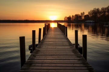 Fototapeta premium Tranquil sunset over a calm lake with a straight wooden pier leading towards the horizon