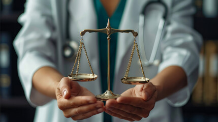 Doctor holding a balance scale representing medical ethics and legal justice in healthcare, with stethoscope in the background, symbolizing professional responsibility