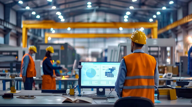 Industrial Factory Workers Using Computers for Data Analysis and Process Monitoring in Modern Manufacturing Facility