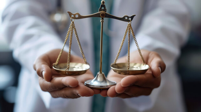 Doctor holding a balanced scale symbolizing justice and ethics in healthcare