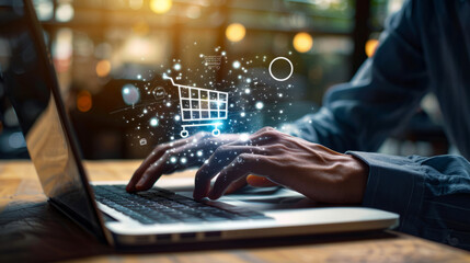 Hands Typing on Laptop with Shopping Cart Icon - E-commerce Concept