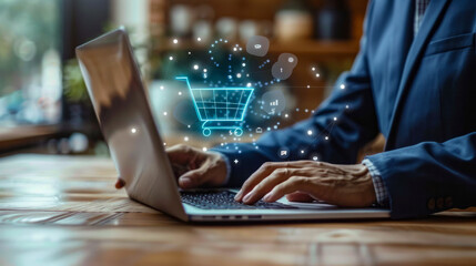 Businessman using laptop with virtual shopping cart icon, representing e-commerce and online shopping concept, in modern workspace