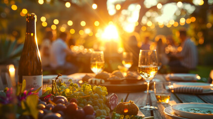 Elegant Outdoor Dinner Party at Sunset with Wine and Fruits