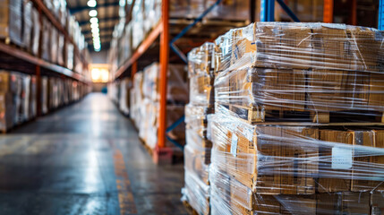 Large Warehouse Storage with Stacked Pallets Wrapped in Plastic Film