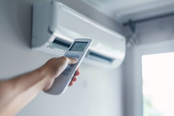 Fototapeta premium Hand holds a remote control, adjusting the temperature of air conditioner
