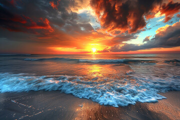 A dramatic sunset over the ocean with waves crashing onto the shore. The sky is painted with vibrant hues of orange, red, and blue, creating a breathtaking seascape.