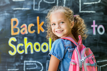 Smiling girl with a backpack standing in front of a colorful back to school chalkboard