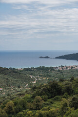 View of the golden beach from above from the village of Panagia, Thassos, Greece