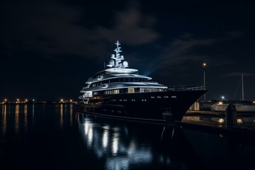 Illuminated Superyacht at water night. Mega sea port. Generate Ai