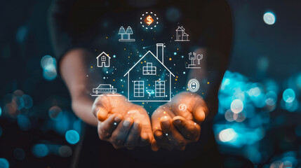 Hands holding holographic icons of real estate and smart home technology, symbolizing investment and future property development