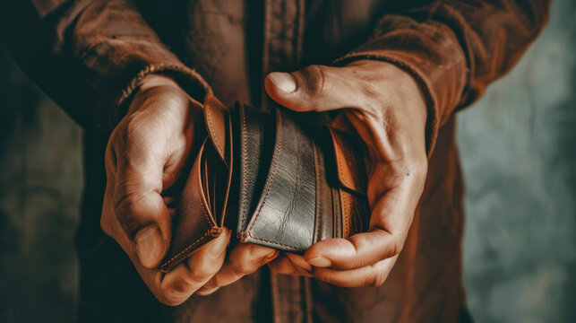 Hands holding an empty leather wallet, financial struggle, poverty concept, close-up image of empty wallet