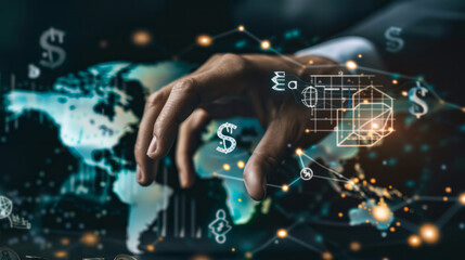 Hand manipulating global financial data, futuristic digital interface