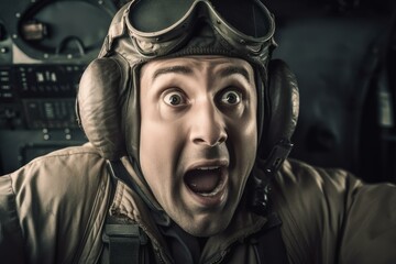 Obraz premium Baffled Shocked aviation pilot. Wow fear. Generate Ai