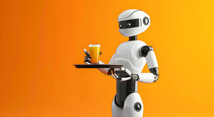 Fototapeta premium Robot waiter serving drinks on a tray, on a simple colored background.