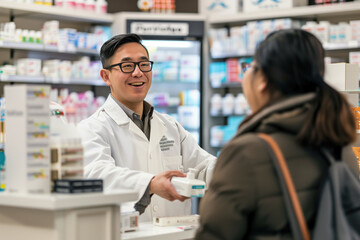 Obraz premium Dedicated Pharmacist Behind the Counter with Customer's Prescription and Medication, Delivering Key Healthcare Services