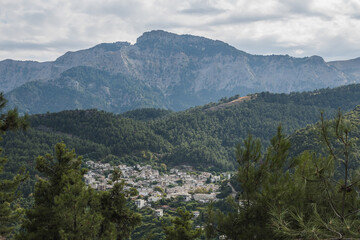 A view of the crowded old white houses of the village of Panagia on the island of Thassos in Greece