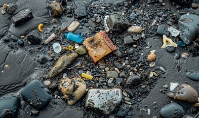 Fototapeta premium Plastic litter found during a beach cleanup --ar 5:3 --stylize 250 Job ID: 8e064426-ff3a-4fb7-afdc-674c5f692bb4