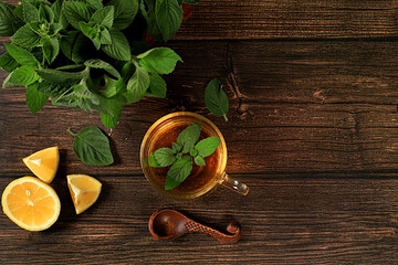 Medicinal herbal tea or infusion of peppermint with lemon with flowers, concept of alternative traditional medicine, collection of useful herbs for treatment according .