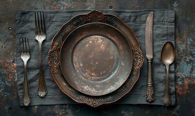 Overhead view of a vintage place setting with a pewter plate and cutlery