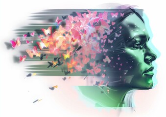 Vibrant Digital Illustration of Women's Profile with Colorful Butterflies, Symbolizing Imagination and Creativity