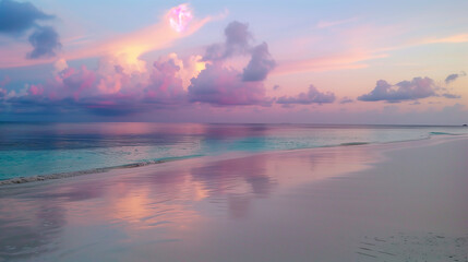 Naklejka premium Sunrise in the Maldives, reflection of pink clouds in the sea. Landscape.
