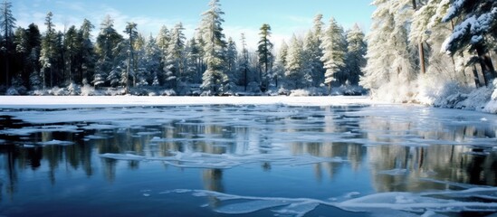 Fototapeta premium Frozen River with Snow-Covered Trees