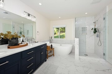 Modern bathroom interior with a freestanding tub.
