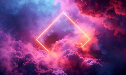 Naklejka premium Pink and Yellow Neon Light with Cloud Formation. Diamond shaped Fluorescent Frame in Dark Environment.