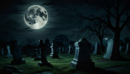Spooky graveyard at night under full moon with vintage gravestones, Generative AI