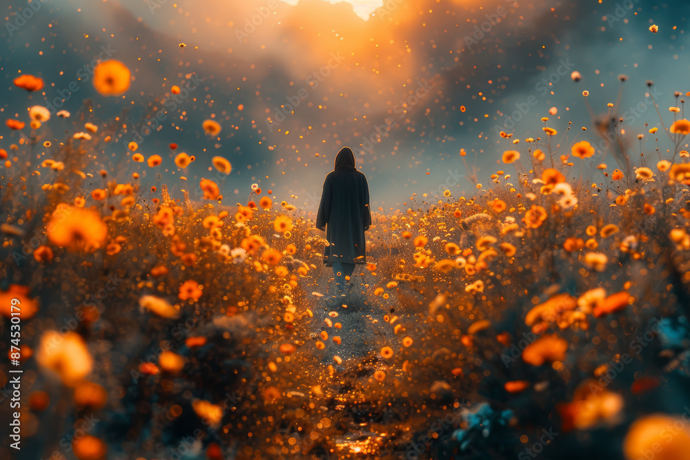 Poster a person walking through a flower field, feeling at peace. concept of nature and tranquility. genera