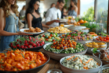 Fototapeta premium Friends sharing a meal at a potluck, enjoying diverse dishes. Concept of community and sharing. Generative Ai.